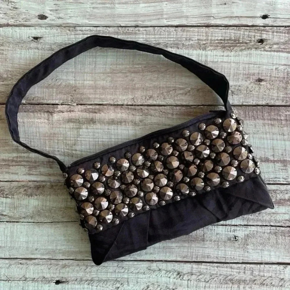 Handmade Handbag Remade Black Prom Dress 1 Of A Kind Goth Glam Retro Studded - Picture 1 of 8